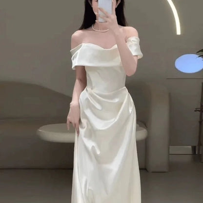 Satin One-Shoulder White Bridal Gown with Veil