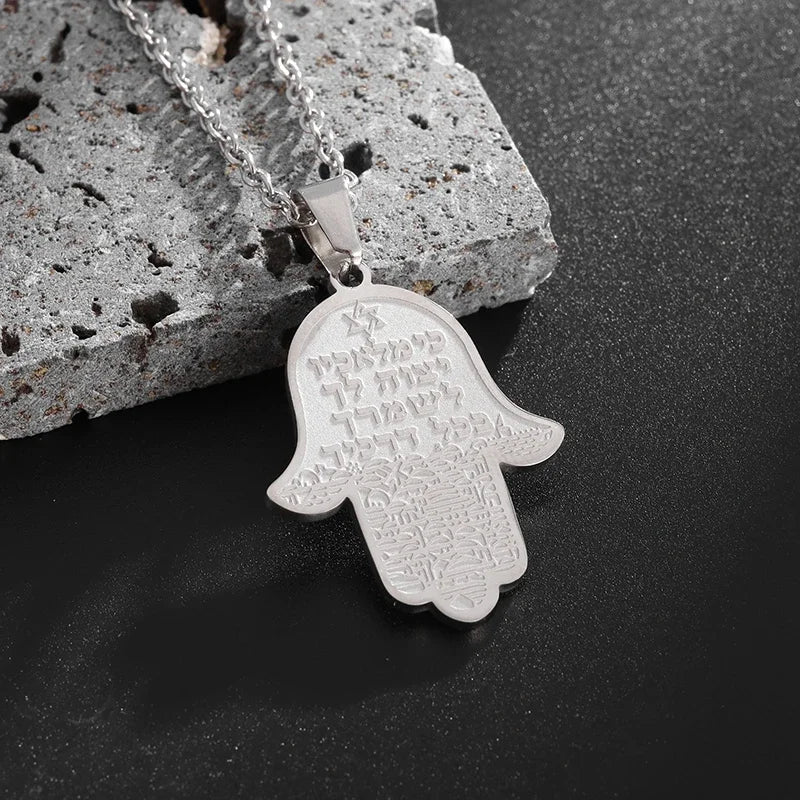 Stainless Steel Hamsa Hands of Fatima Hebrew Blessing Star of David Necklace