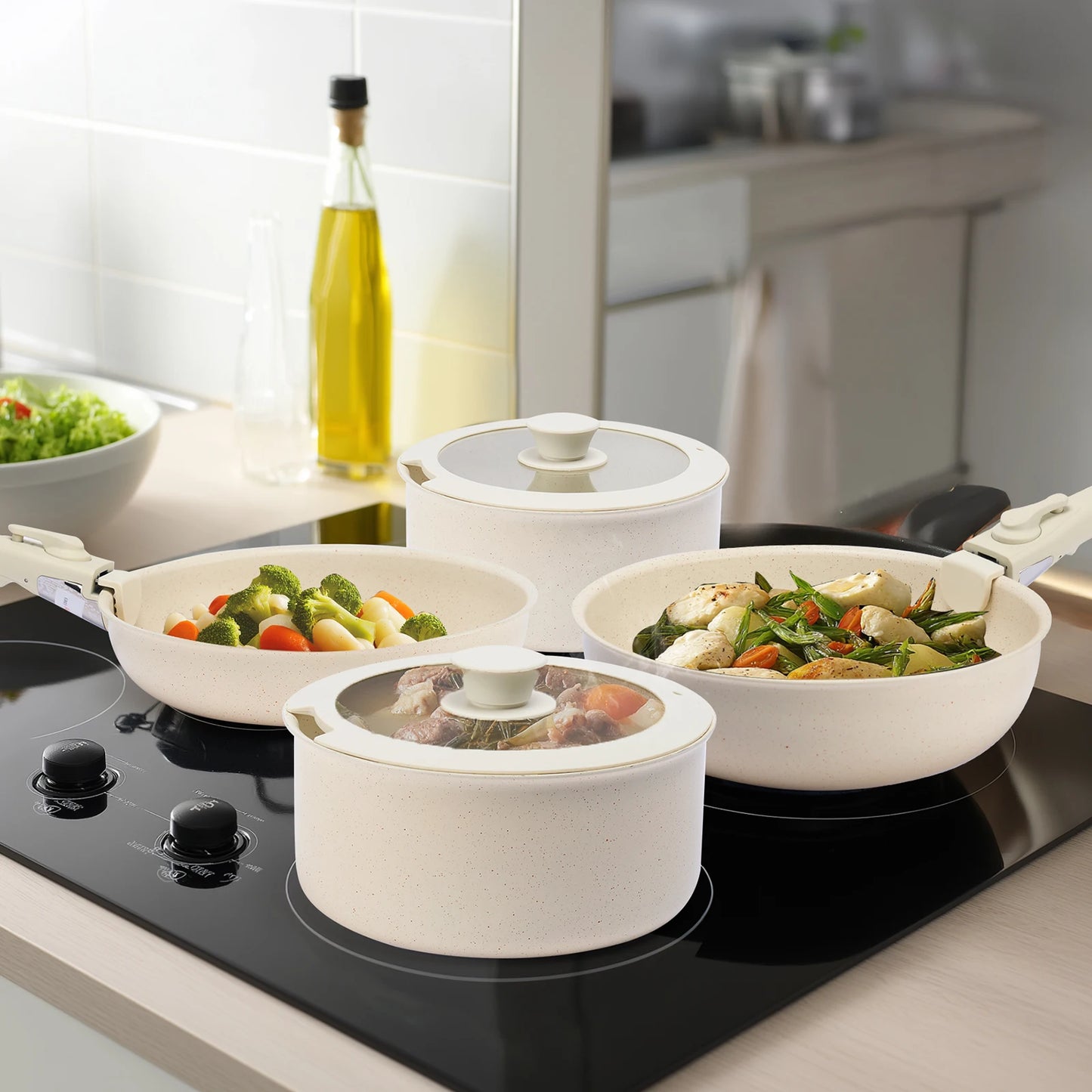 12 Pcs Induction Pots and Pans Nonstick Kitchen Cookware with Detachable Handle