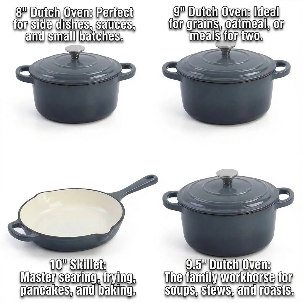 Enameled Cast Iron Cookware Set 4-Piece, 3 Round Dutch Ovens & 1 Skillet: 8 Inch (2Qt), 9 Inch (3Qt), 9.5 Inch (4Qt) & 10 Inch  Pan