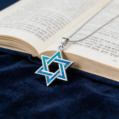 Judaic Blue Fire Opal Star of David Pendant Necklace,White K Plated