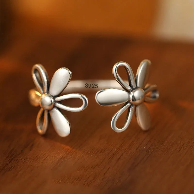 925 Sterling Silver Rings For Women Geometric Fine Jewelry Finger Adjustable Simple Vintage FLower Ring For Party Birthday Gift