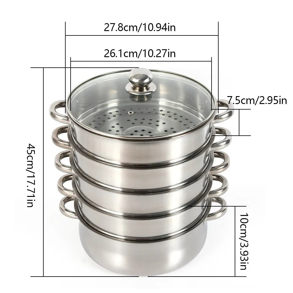 5 Layer Stainless Steel Steamer Set with Glass Lid