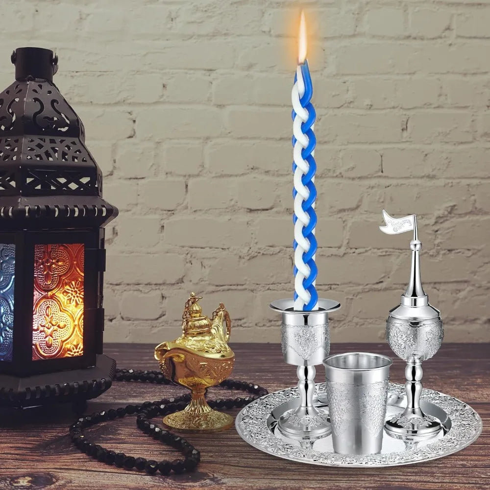 9 Pcs Shabbat Havdalah Set with Candle Holder, Kiddush Cup, Spice Box, Goblet, Silver Plate & 5 Candles,