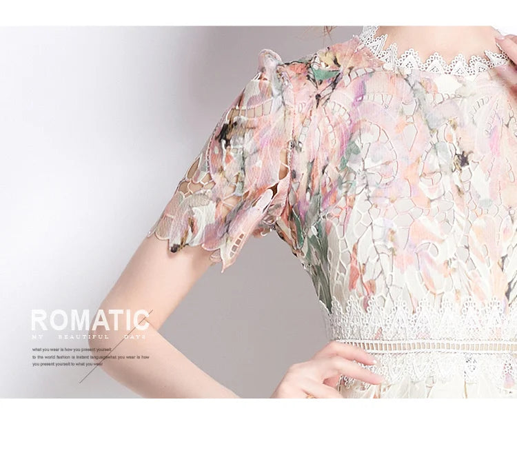 Lace Hollow out Print Midi Short-Sleeve A-Line Dress