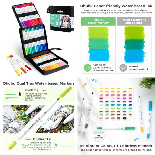 Water-based Dual Brush / Fine liner Tip Markers 60 Colors