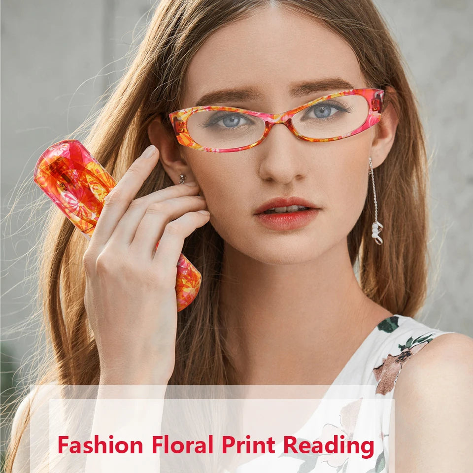 4-Piece Presbyopic  Floral Women's Spring Hinge Reading Glasses Set with PC Case