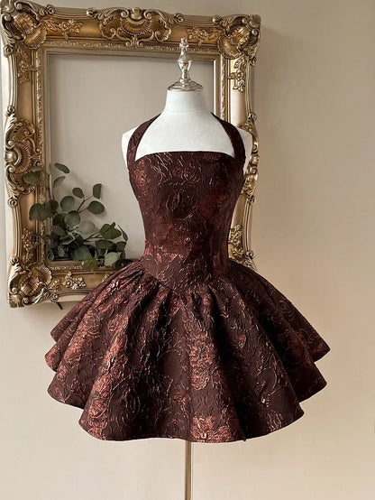 Elegant Burgundy Jacquard Halter Backless A-Line Mini Dress