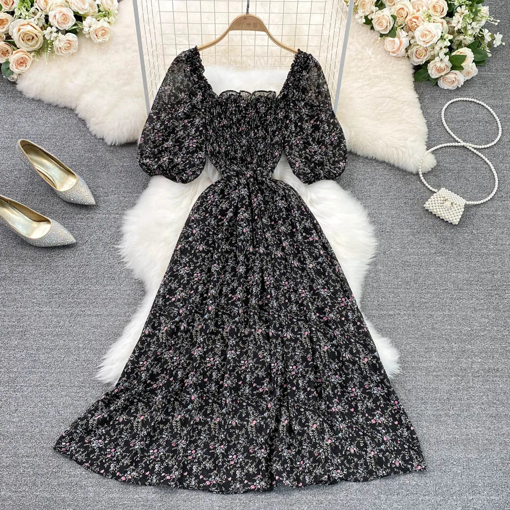 Floral Chiffon High Waist A-Line Square NeckLine Dress
