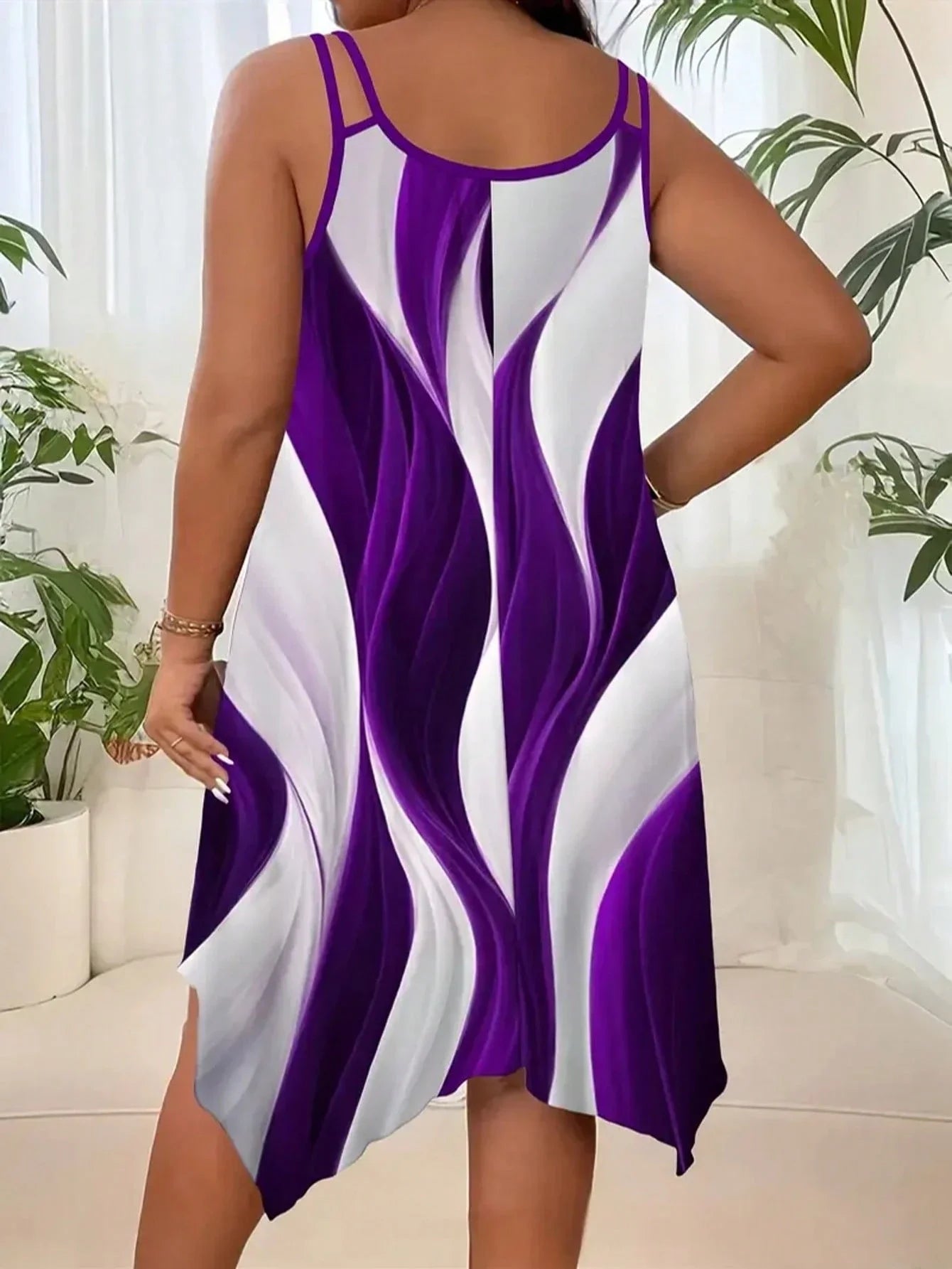 Plus Size Sleeveless Striped Print Asymmetric Hem Dress