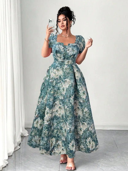 Mint Green Plus Size Floral Jacquard Maxi Dress Square Neckline, Puffed Sleeves, And Defined Waist