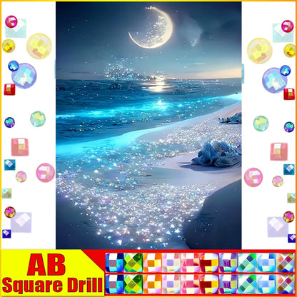 Fairy Dust AB Rhinestone Painting Crystal Decor Diy Diamond Painting "Scenery Beach Moon" 3D Pattern