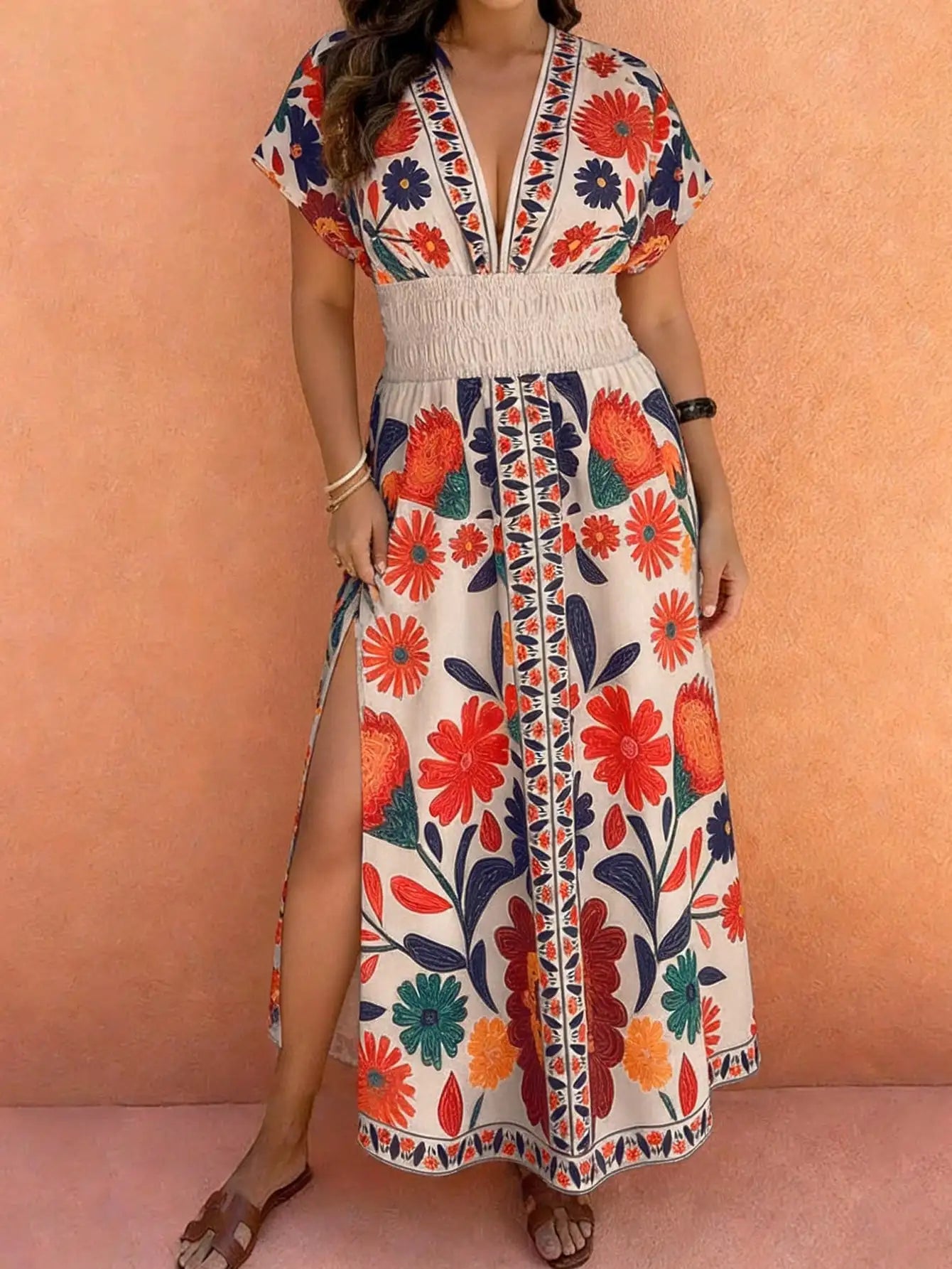 Plus Size Paisley Floral Print Deep Shirred Waist  Maxi Dress