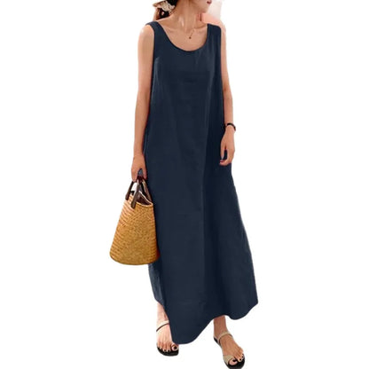 Summer cotton linen long sleeveless dress