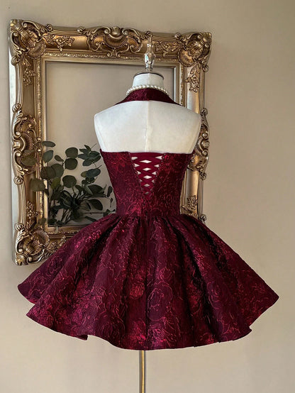 Elegant Burgundy Jacquard Halter Backless A-Line Mini Dress