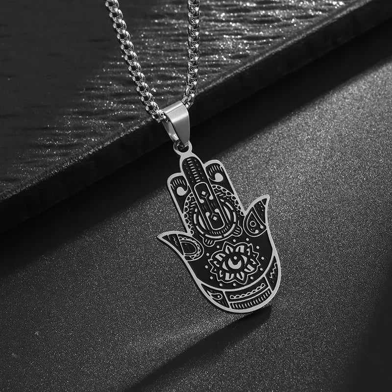 Stainless Steel Hamsa Hands of Fatima Hebrew Blessing Star of David Necklace