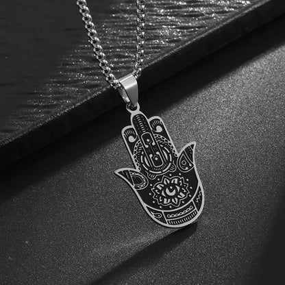 Stainless Steel Hamsa Hands of Fatima Hebrew Blessing Star of David Necklace