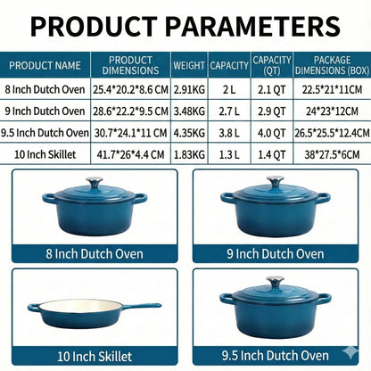 Enameled Cast Iron Cookware Set 4-Piece, 3 Round Dutch Ovens & 1 Skillet: 8 Inch (2Qt), 9 Inch (3Qt), 9.5 Inch (4Qt) & 10 Inch  Pan