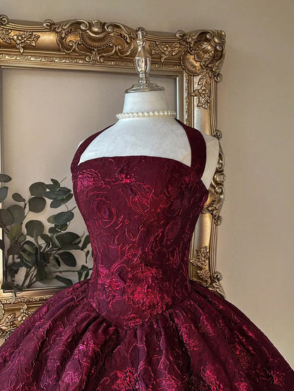 Elegant Burgundy Jacquard Halter Backless A-Line Mini Dress