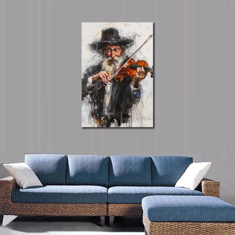 Jewish Chasidic Man Playing Musicial Instrument on Printed Canvas Large Art
