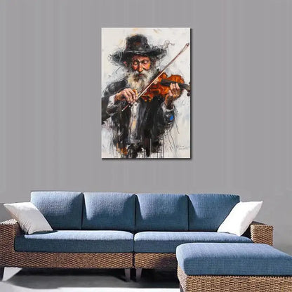Jewish Chasidic Man Playing Musicial Instrument on Printed Canvas Large Art