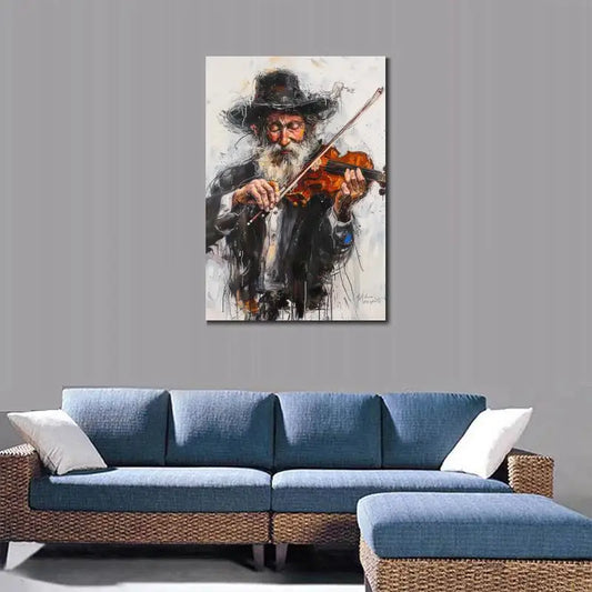 Jewish Chasidic Man Playing Musicial Instrument on Printed Canvas Large Art