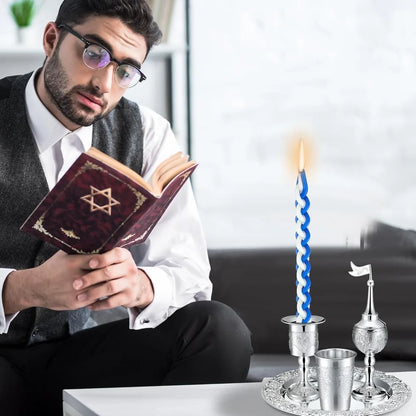 9 Pcs Shabbat Havdalah Set with Candle Holder, Kiddush Cup, Spice Box, Goblet, Silver Plate & 5 Candles,