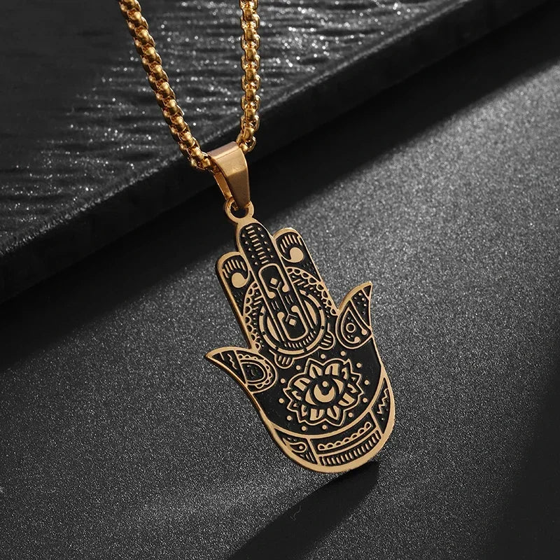 Stainless Steel Hamsa Hands of Fatima Hebrew Blessing Star of David Necklace