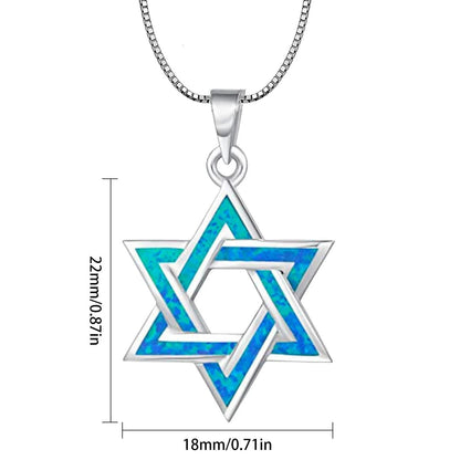 Judaic Blue Fire Opal Star of David Pendant Necklace,White K Plated