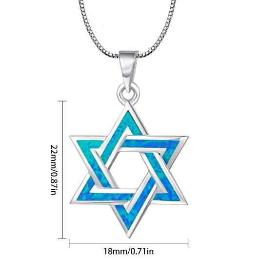 Judaic Blue Fire Opal Star of David Pendant Necklace,White K Plated