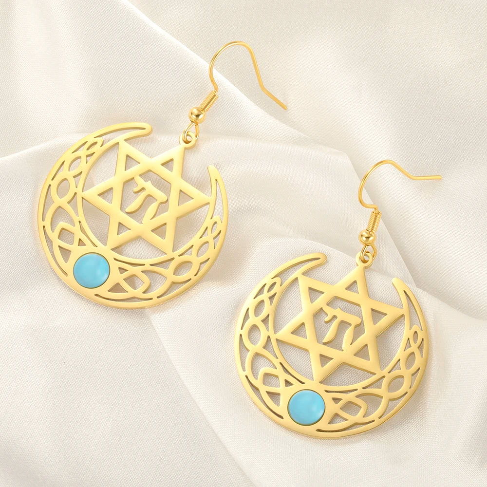 Stainless Steel Earrings with a Chai and Star of David over a Crescent Moon Drop