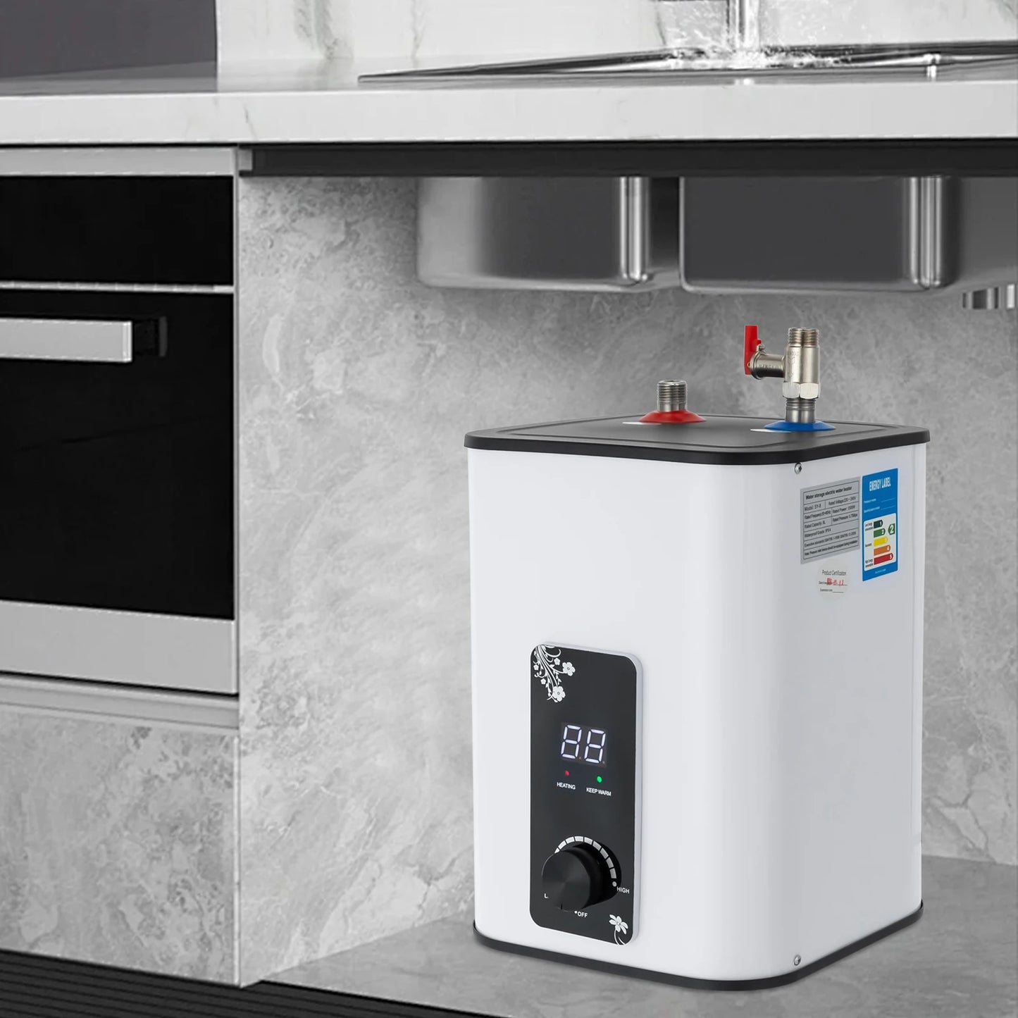 8L Instant Hot Water  with Top Outlet Faucet 1500W Small Under Sink Water Heater Tank
