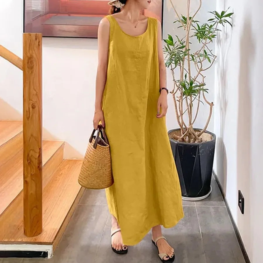 Summer cotton linen long sleeveless dress