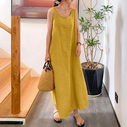Summer cotton linen long sleeveless dress
