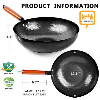 14 Piece Carbon Steel Wok  StirFry Pan Set with Wooden Lid
