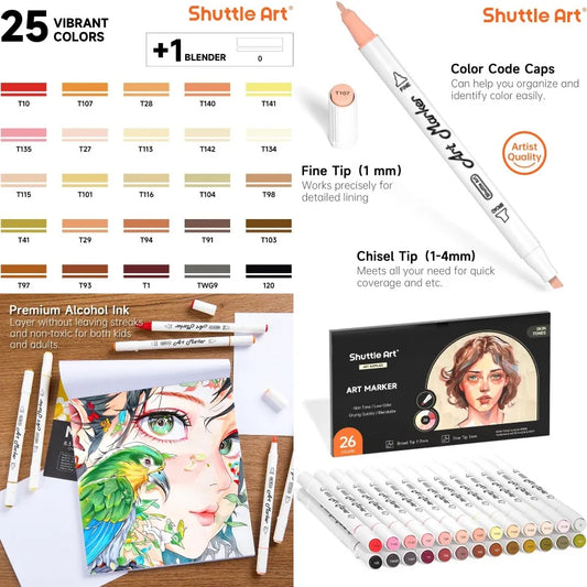 26 Colors Skin / Hair  Tone  Art Markers Dual Tip Alcohol Based Pen Set Contains 1 Blender