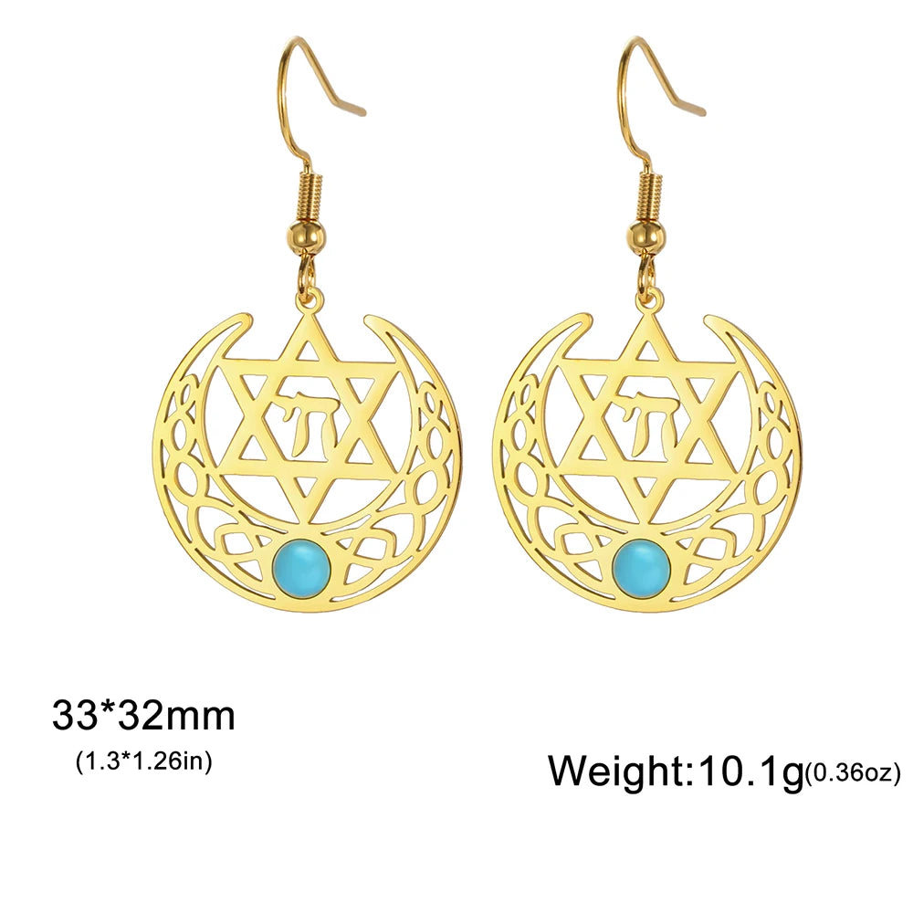 Stainless Steel Earrings with a Chai and Star of David over a Crescent Moon Drop
