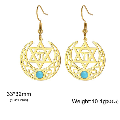 Stainless Steel Earrings with a Chai and Star of David over a Crescent Moon Drop