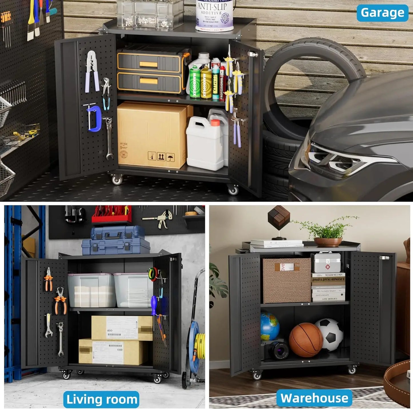 Storage Cabinet with Wheels & Pegboard