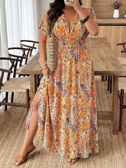 Plus Size Paisley Floral Print Deep Shirred Waist  Maxi Dress