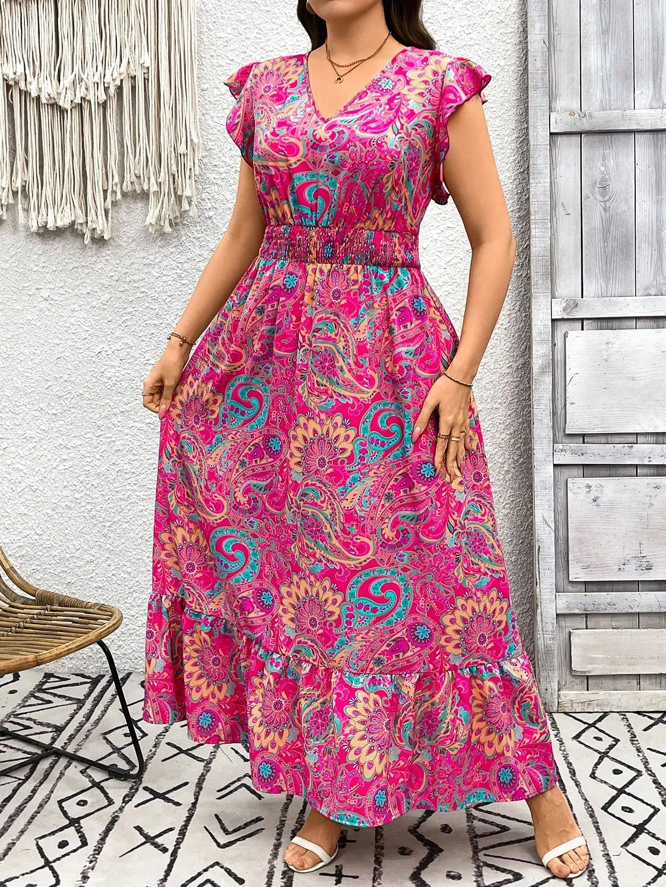 V-Neck Paisley Print Maxi Dress with Ruffle Sleeves and Tiered Skirt