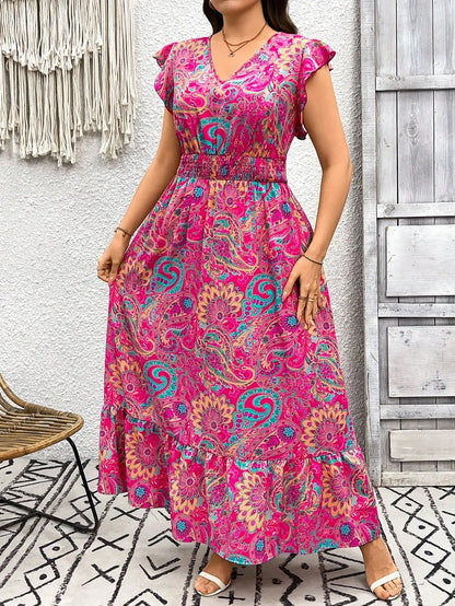 V-Neck Paisley Print Maxi Dress with Ruffle Sleeves and Tiered Skirt