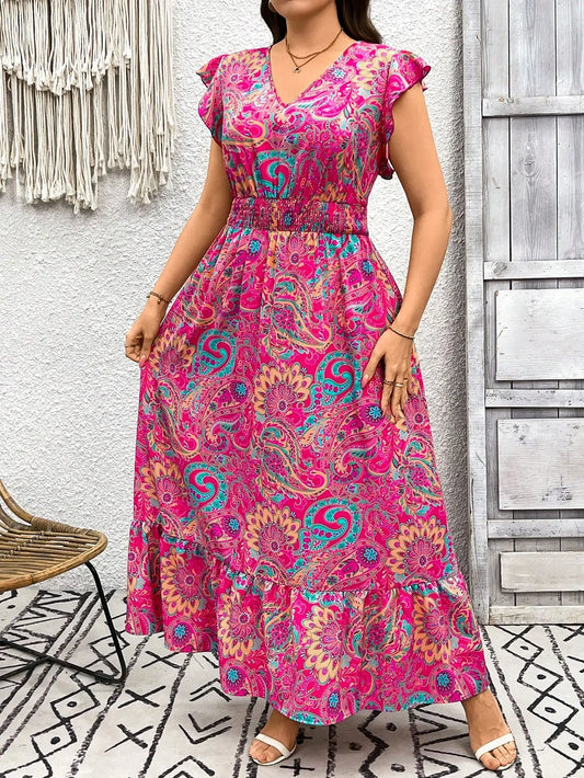 V-Neck Paisley Print Maxi Dress with Ruffle Sleeves and Tiered Skirt