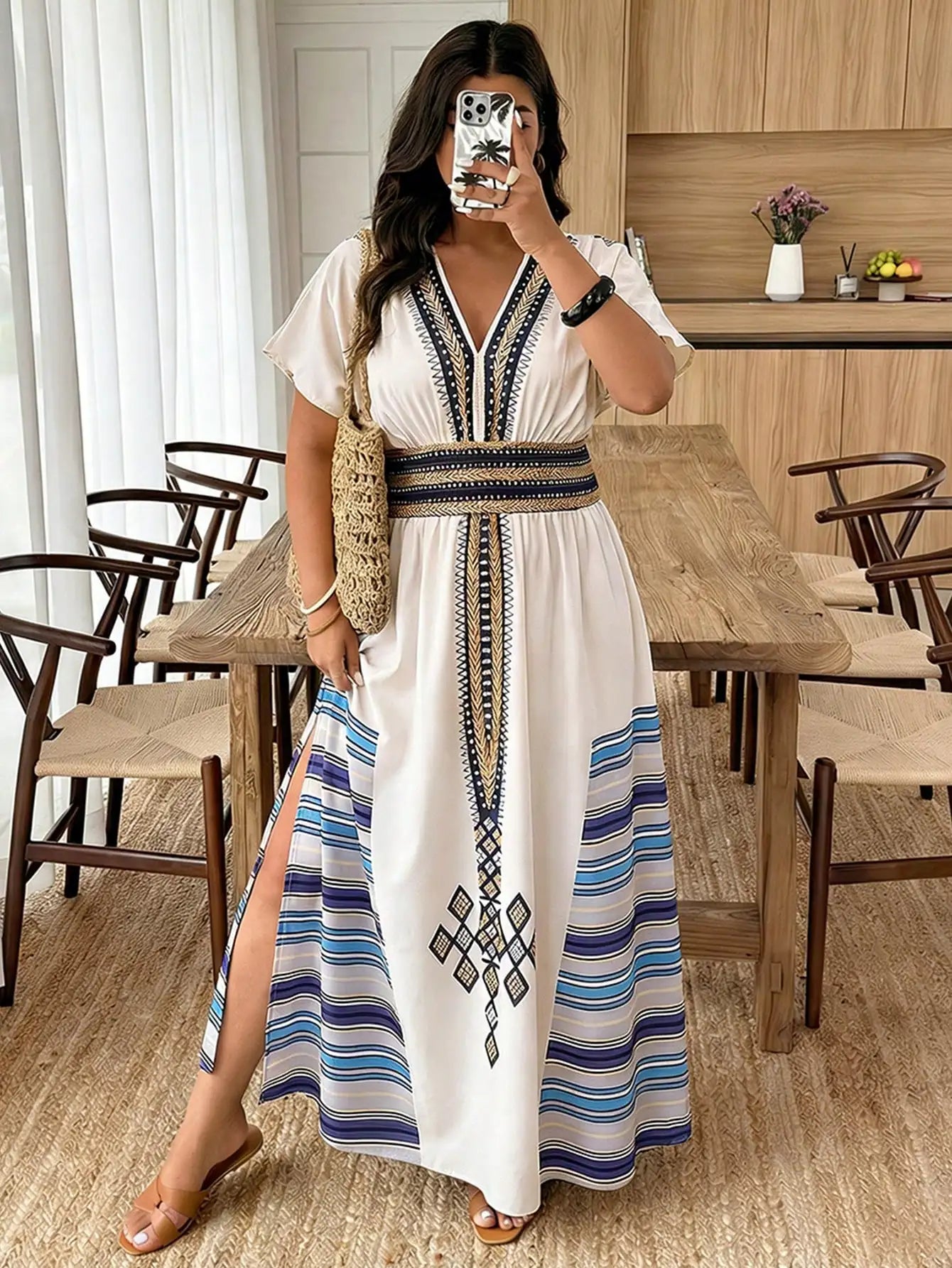 Plus Size Paisley Floral Print Deep Shirred Waist  Maxi Dress