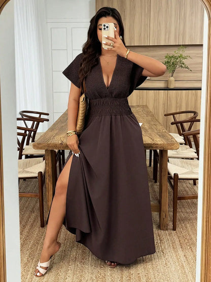 Plus Size Paisley Floral Print Deep Shirred Waist  Maxi Dress