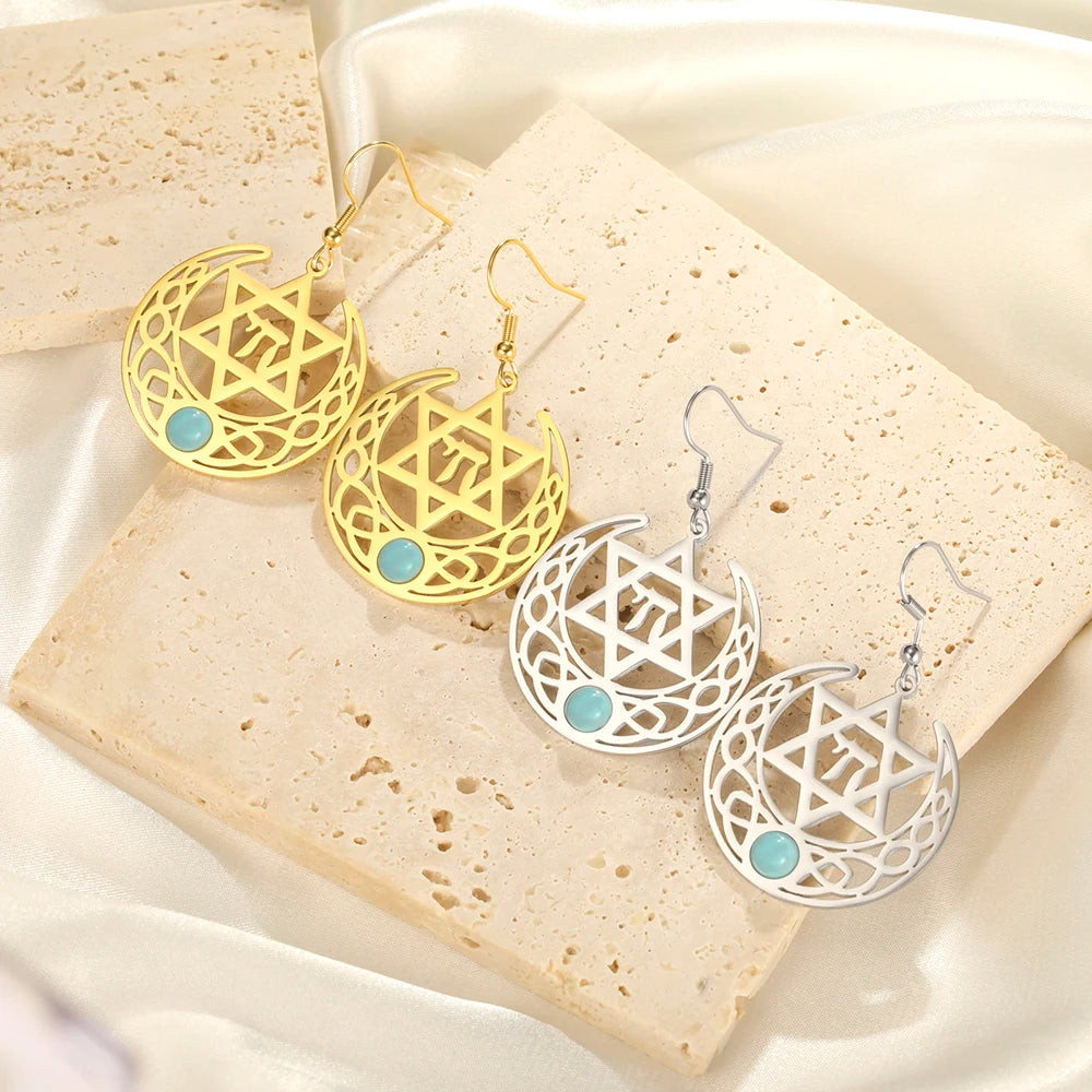 Stainless Steel Earrings with a Chai and Star of David over a Crescent Moon Drop