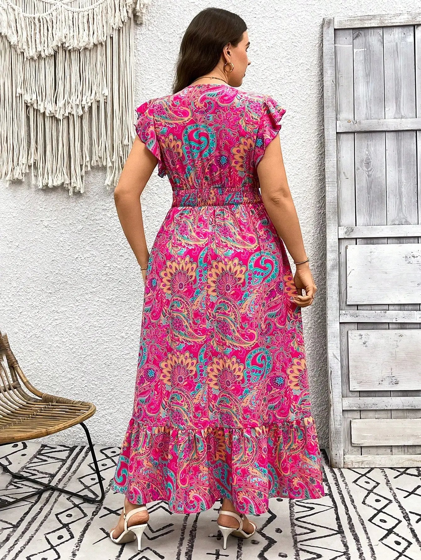 V-Neck Paisley Print Maxi Dress with Ruffle Sleeves and Tiered Skirt