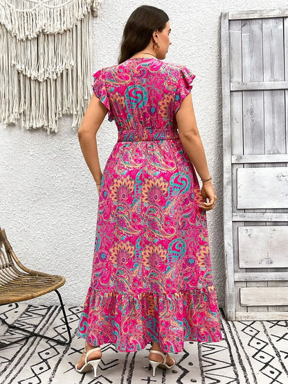 V-Neck Paisley Print Maxi Dress with Ruffle Sleeves and Tiered Skirt