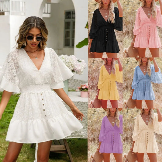 Bat Sleeve Lace Stitching Dress