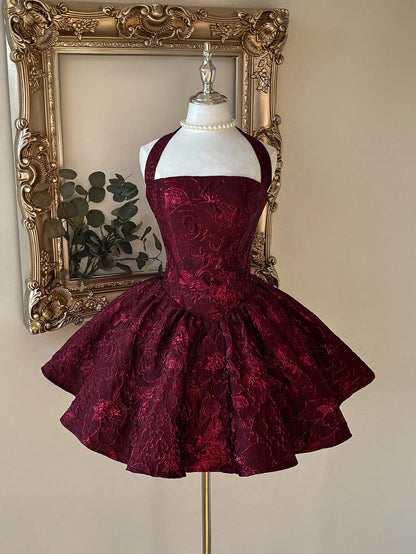 Elegant Burgundy Jacquard Halter Backless A-Line Mini Dress